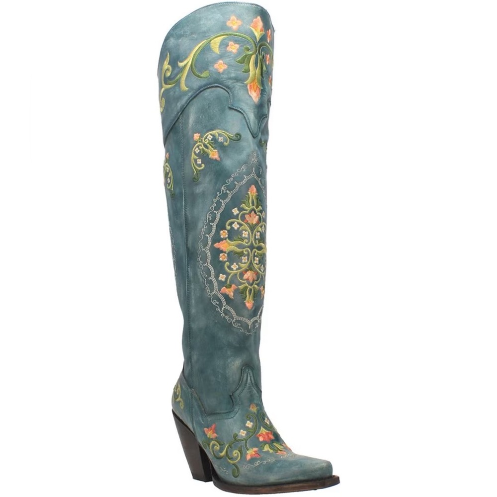 Gorgeous flower child embroidered leather over the knee cowboy boots